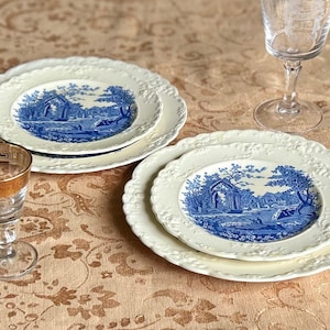 Set of 2 Blue Transferware Dinner Plate and Salad Plate English Abbey Taylor Smith And Taylor 1920s