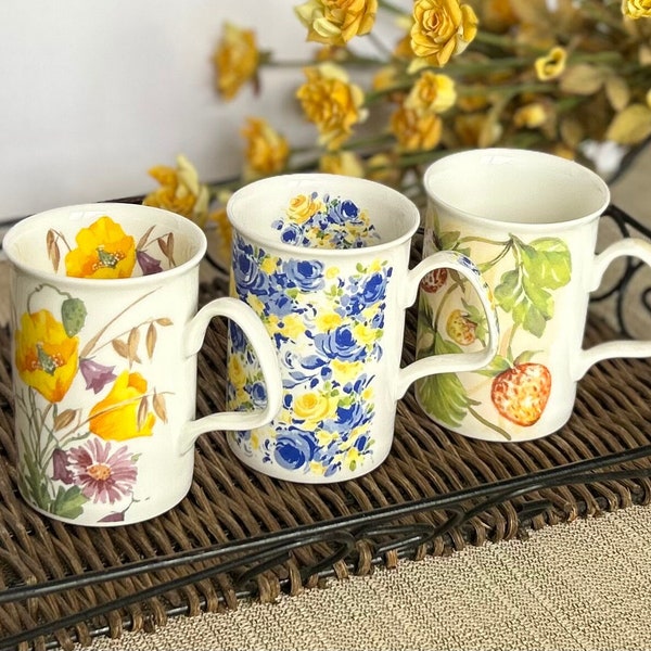 Vintage Roy Kirkham Fine Bone China Mugs - Summertime 1994, English Meadow 2001, 2004 Country Fruits - Made In England