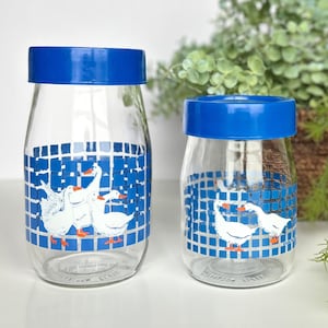 Vintage Set of 2 CARLTON Glass Blue Lid Geese Duck Canister Storage Jar 1.5 L and 1 L - 1980s