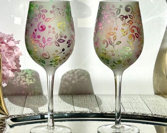 Verres à vin vintage en verre à pied floral givré coloré tourbillonnant - Lot de 2