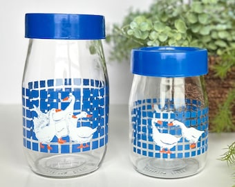Vintage CARLTON Glass Canister Set: Blue Lid Goose Jars