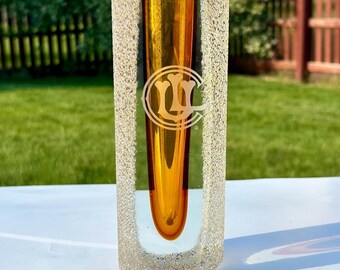 Vintage Badash Crystal Vase: Murano-Style Amber Art Crystal Glass | Thick Heavy Mouth-Blown Centerpiece | 7.25" Tall MCM Home Decor Accent