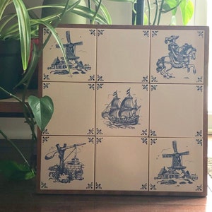 Vintage 9 Holland Delft Blue Ceramic Art Tiles Plaque ~ &quot;Windmill & Farm&quot;, &quot;Clipper Ship&quot;, &quot;Well&quot; and &quot;Man  Riding Horse&quot;
