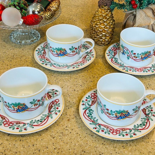 Set of 4 Vintage BLOCK SPAL Portugal WHIMSY Christmas Flat Coffee/Tea Cup & Saucer 1992 | Made In Portugal