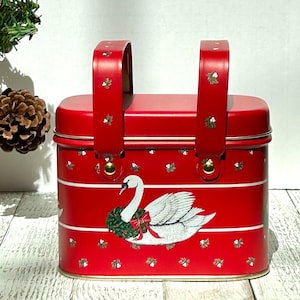 Vintage 1970s Keller Charles of Philadelphia Christmas Swan Square Tin Box with Handles Lid, Vintage Christmas Tin Box, Retro Christmas Deco