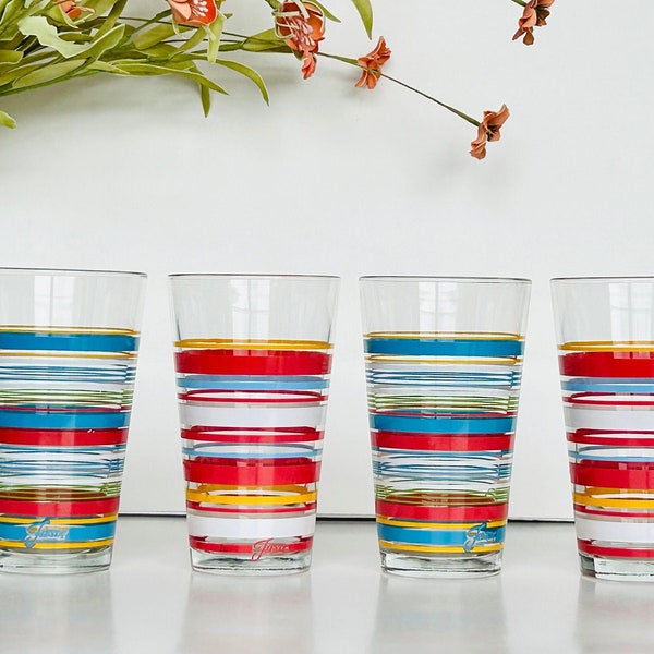 Vintage Libbey Fiesta Mambo Striped Glassware, Colorful Striped Tumblers 14 Oz, 70S (Price Per Glass)