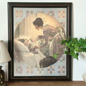 Vintage Norman Rockwell (1894 - 1978) Mother&#39;s Little Angels Custom Framed Art Print In Oak Wooden Frame 12 1/2&quot; x 16&quot;