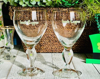 Vintage Irish Coffee Pedestal Glasses, Set of 2 | Gold Rim Shamrock Flat Stemware, St. Patrick's Day Decor, Retro Barware
