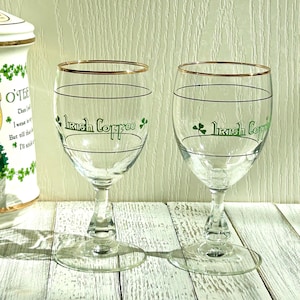 Vintage Set of 2 Irish Coffee Pedestal Glasses With Shamrocks And Gold Rim 6&quot; H 1970s, St. Patrick&#39;s Day Glass, Irish Shamrocks Wine Glass