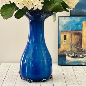 Vintage Hand-blown Cobalt Blue Glass Vase Melon Body Ruffle Top 1950s 12" Tall, Mid-Century Modern Vase, MCM Glass Vase, Cobalt Blue Vase