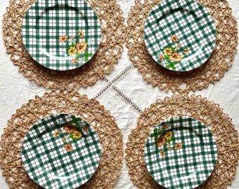 Vintage Thornberry's Green Plaid Floral Salad Plates, Set of 4 | Rare USA Kitchen Plaid Mid-Century Modern Cottagecore Dishes, 9 1/8"