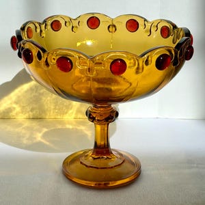 RARE Vintage Indiana Amber Glass Garland/Teardrop and Ruby Red Dots Design Compote Pedestal Bowl 7 1/2&quot; H, Vintage Pedestal Amber Glass Bowl