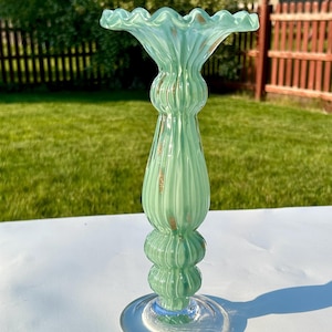 Vintage Hand Blown Art Glass Vase: Green Gold Sheen MCM Decor
