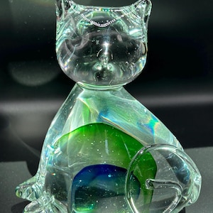 Vintage Murano Glass Cat Sculpture, Blue Green Sommerso Cat, MCM Mid-Century Model Glass Sculpture, Murano Art Glass Vintage Glass Sculpture