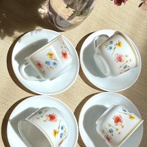 Vintage Set of 4 Arcopal France Milk White Glass Coffee Tea Cup Saucer Little Foal Multi Color Floral - Extra Resistant | Arcopal France