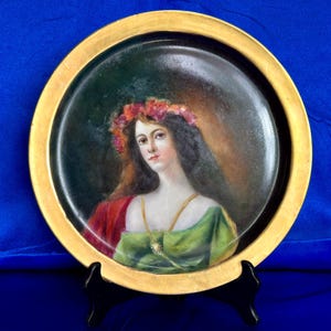 Antique French Limoges T & V France Painted Gilt Portrait Plate of a Young Woman 11&quot; Antique French Collectible Porcelain Hand Painted Plate