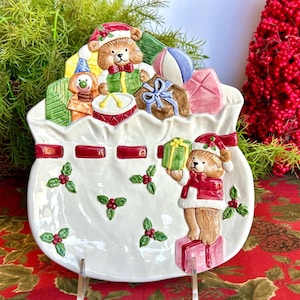 Vintage TeDDY BeAR Christmas Canape Plate by Omnibus Collection International 1994 with Original Box 7 1/2&quot; x 8 1/2&quot;, Christmas Plate