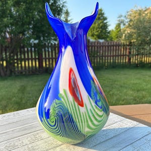 Large Murano Art Glass Vase: Cased Blue, White, Green & Orange Swirls