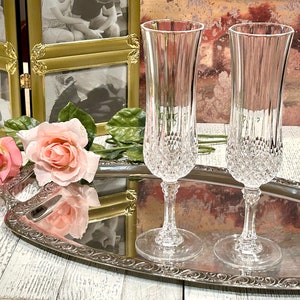 Set of 2 CRISTAL D'ARQUES-DURAND Longchamp (Clear) Fluted Champagne Glasses | Brown Glass Crafted In France 8 1/8" H, Champagne Fluted Glass