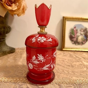 Antique French Lidded Glass Jar With Enameled Hand Painted White Floral Gold Trim White Interior 1940s, Antique Art Glass, Mother's Day Gift