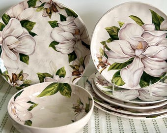 Vintage Pier 1 MAGNOLIA Dinner Plate Salad Plate Coupe Soup Bowl, Hand Painted Floral Ironstone Magnolia Flower Tableware Replacement Pieces