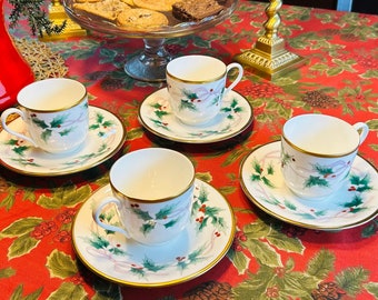 Vintage Mikasa Ribbon Holly Cup and Saucer Set of 4, Bone China
