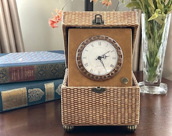 Reloj de escritorio vintage de mimbre decorativo con forma de caja de baratijas - Reloj extraíble