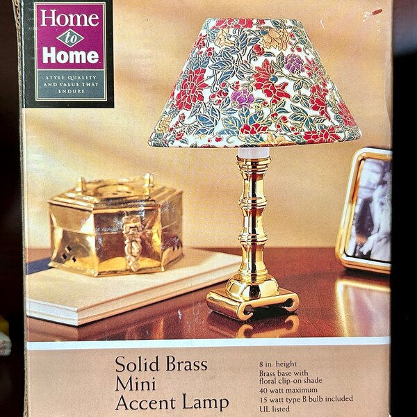 Vintage Home to Home Solid Brass Mini Accent Lamp with Floral Shade 8" Height In Original Box | Accent Night Light Lamp