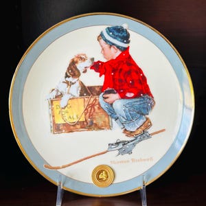RARE Vintage Norman Rockwell A Boy Meets His Dog Fine Porcelain Art Plate 8 1/4 with Gold Plated Coin by Brown Bigelow and The Franklin Mint