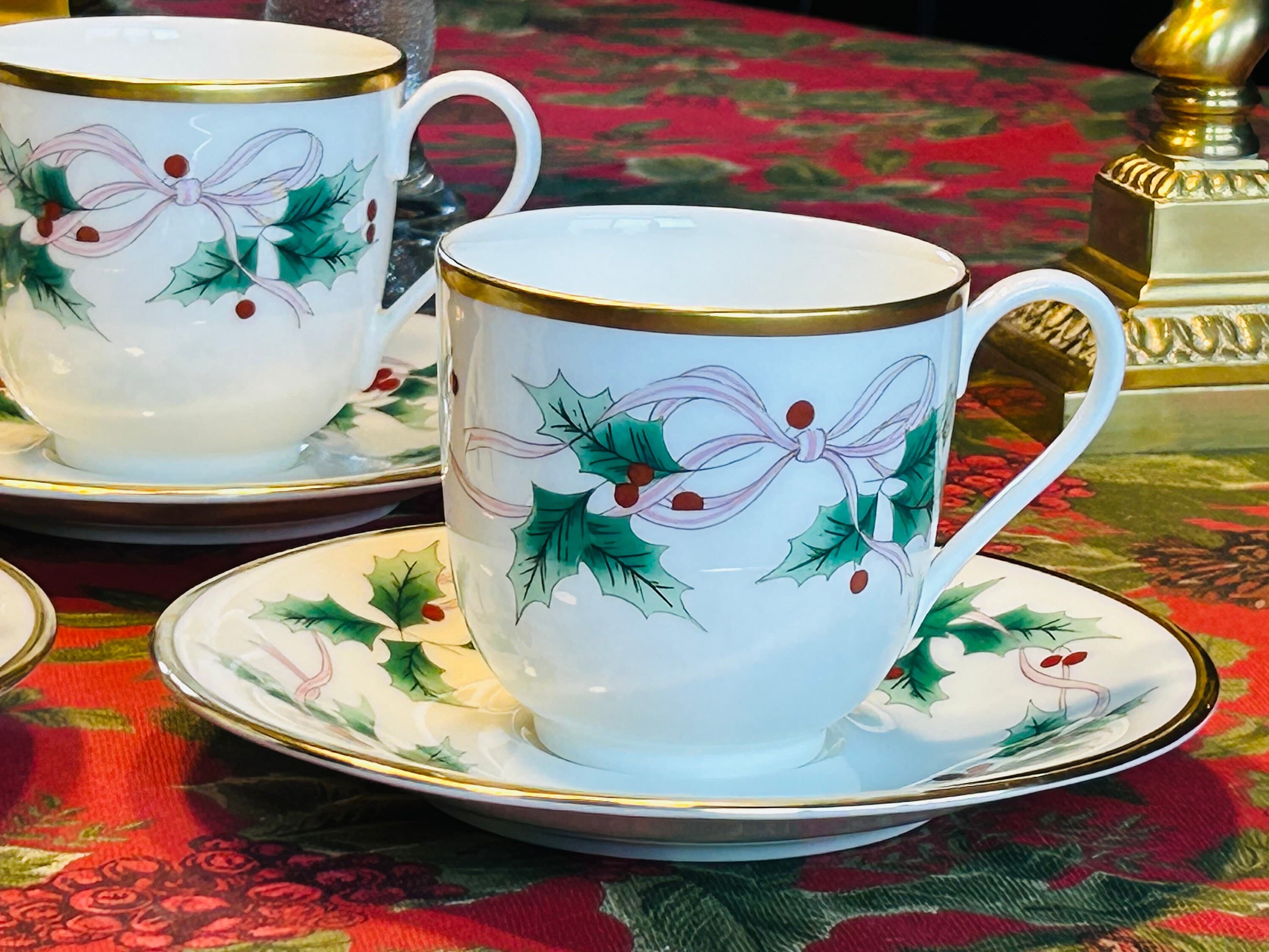 Vintage Mikasa Ribbon Holly Cup and Saucer Set of 4, Bone China