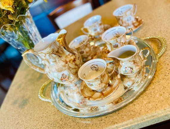 Rare 60s Chodziez Poland Porcelain Tea Set | Marble & Gold