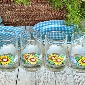 Vintage CRISA Sunflower Blue Gingham Glasses: Set of 4 MCM Tumblers