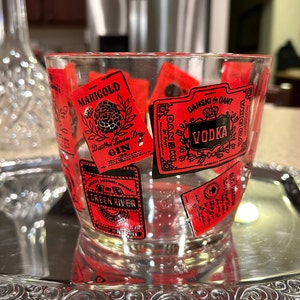 Vintage Hazel Atlas &quot;Liquor Labels&quot; Glass Ice Bucket 1950s, Vintage Barware, Vintage Ice Bucket