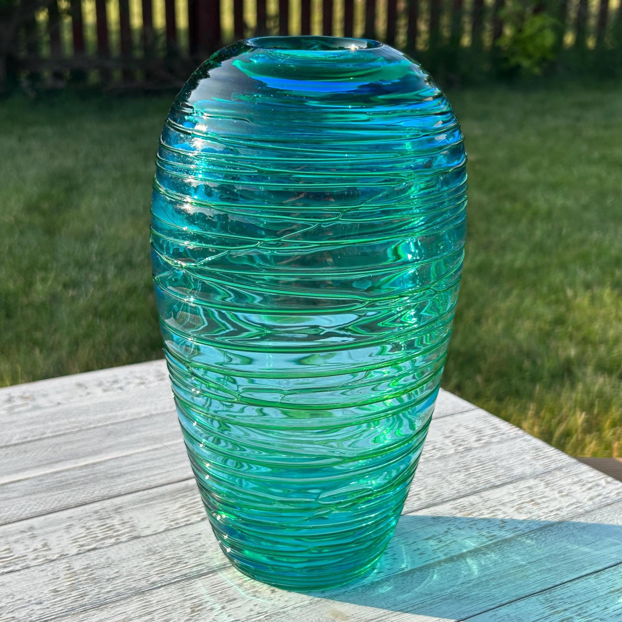 Vintage Fulvio Bianconi for Venini Turquoise Glass Vase With Lines