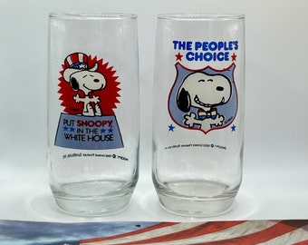 Vintage Set of 2 SNOOPY Peanuts Glasses 1958 The People's Choice and Put Snoopy In The White House By Anchor Hocking