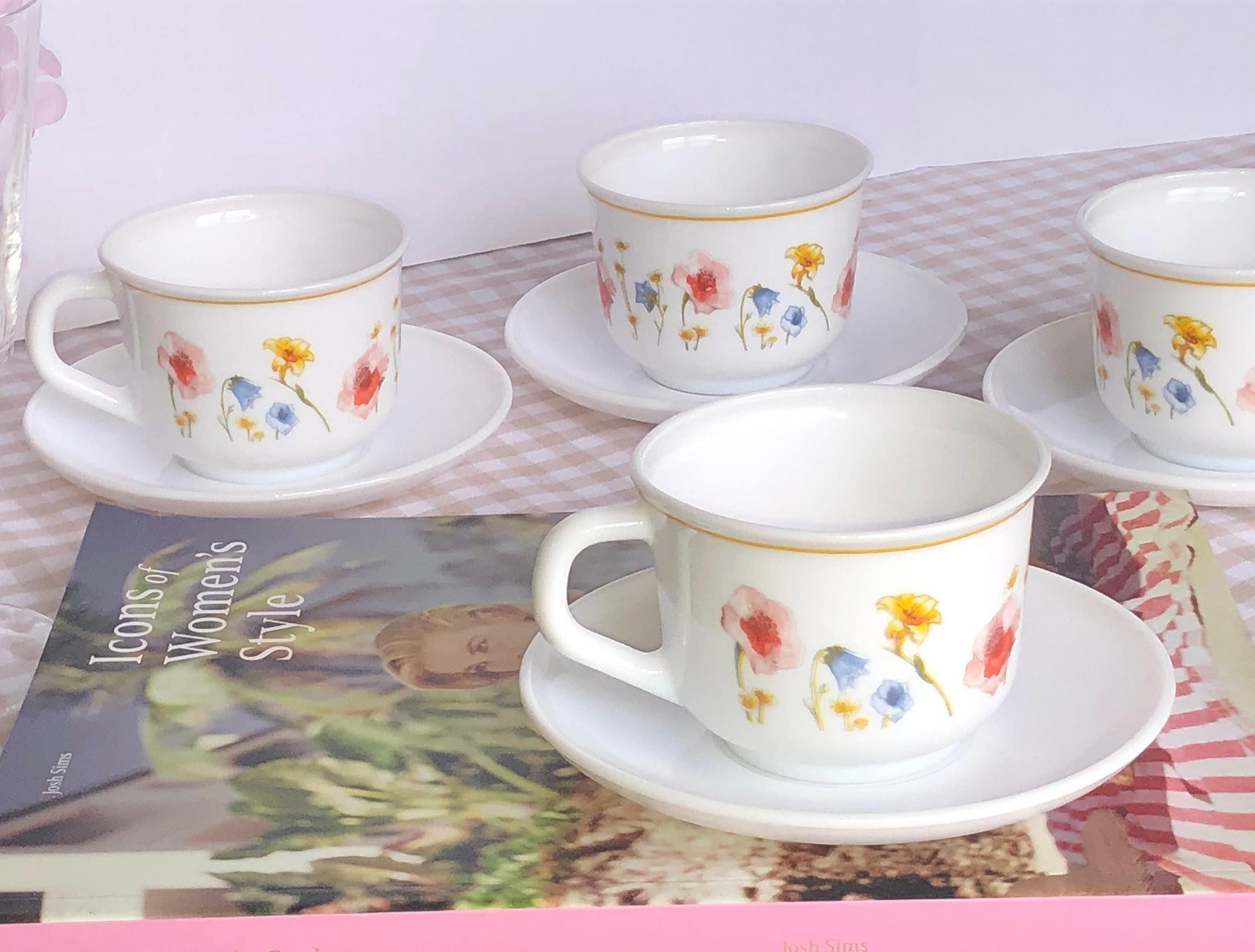 Vintage Arcopal France Milk Glass Tea Cup and Saucer Set of 4