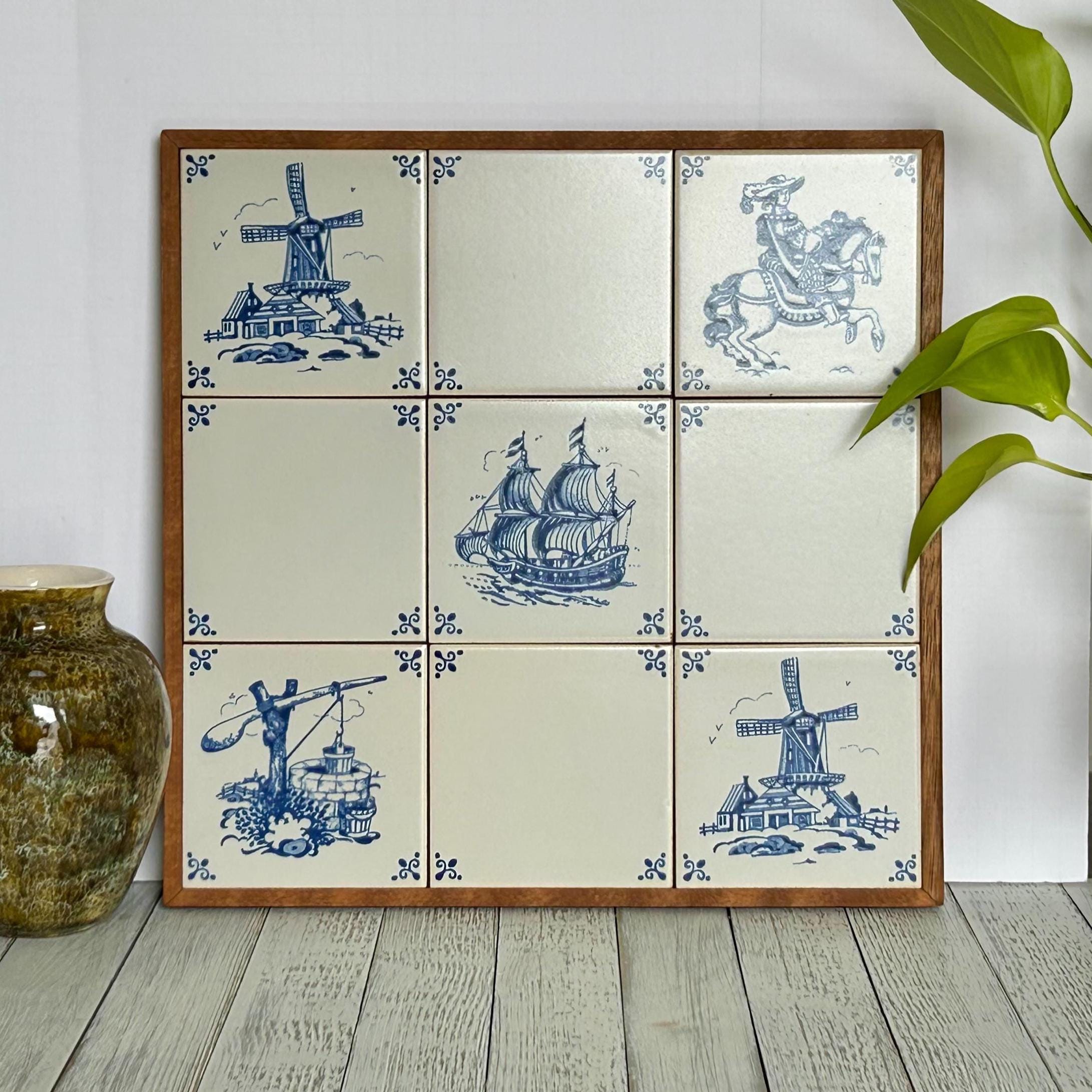 Vintage Delft Blue Tile Plaque: 9-tile Holland Tile Art in a