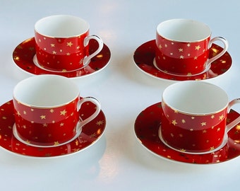 Set of 4 Sakura Galaxy 14k Gold Red 2 1/2" Flat Cup Saucer Red Band with Gold Stars - Discontinued