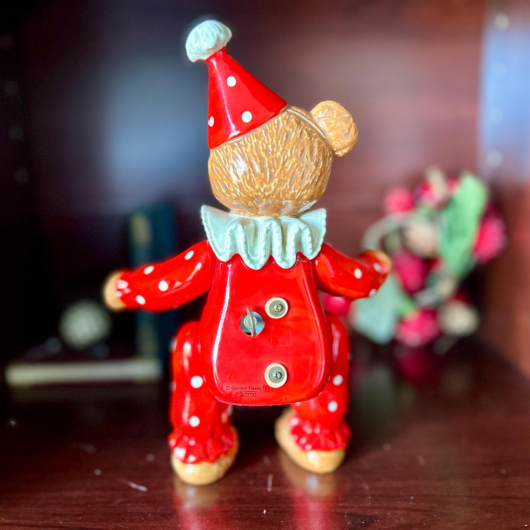 Vintage SCHMID Ceramic Clown Bear Music Box: Jointed Jester, 