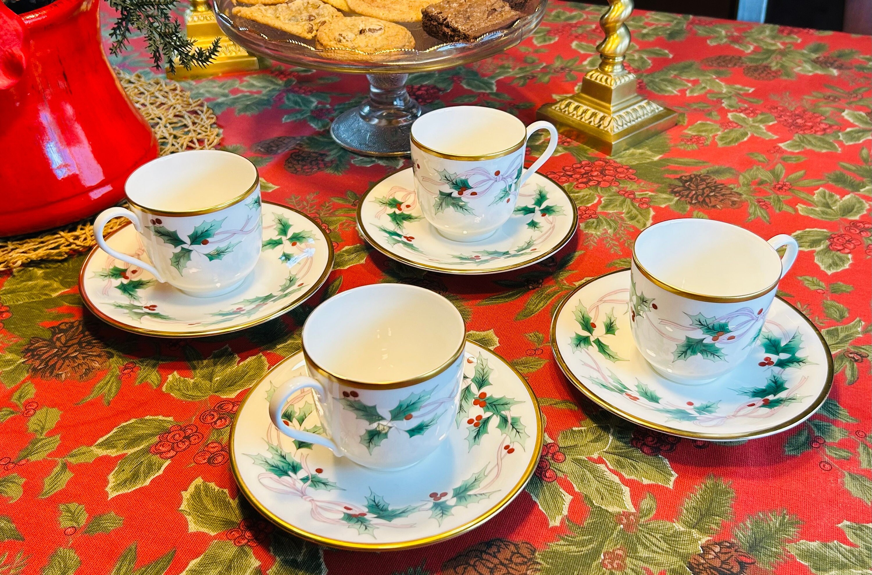 Vintage MIKASA Ribbon Holly Cup and Saucer Set: Bone China