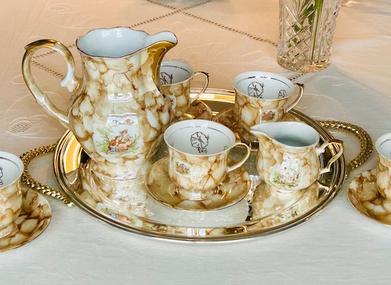 Rare 60s Chodziez Porcelain Tea Set: Marble & Gold Victorian