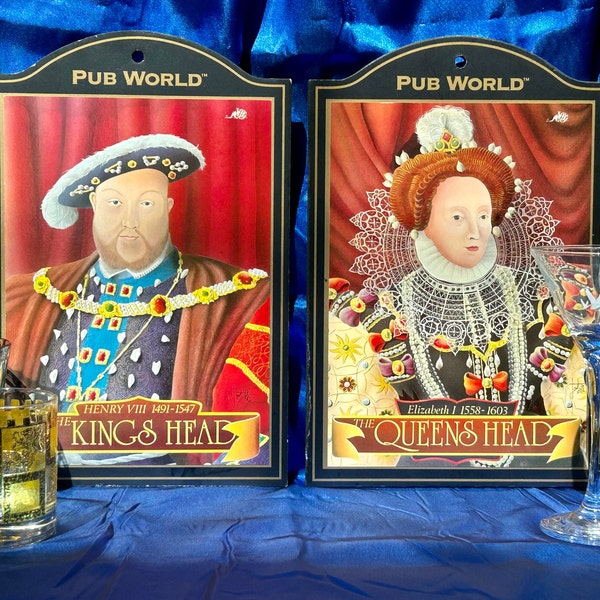 Vintage Set of 2 World Famous British Pub Signs Collection Kings Head Queens Head Wall Sign Henry VIII Elizabeth I 12" x 8" Wooden Bar Signs