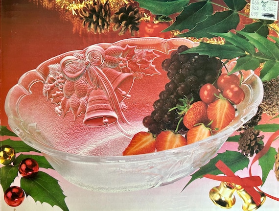 Vintage MIKASA Crystal Christmas Bowl: Holiday Bells Motif, 1980s