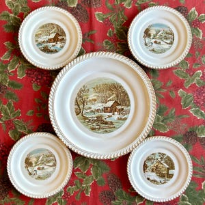 Vintage Currier & Ives Harkerware Plate Set: Christmas Winter Scenes