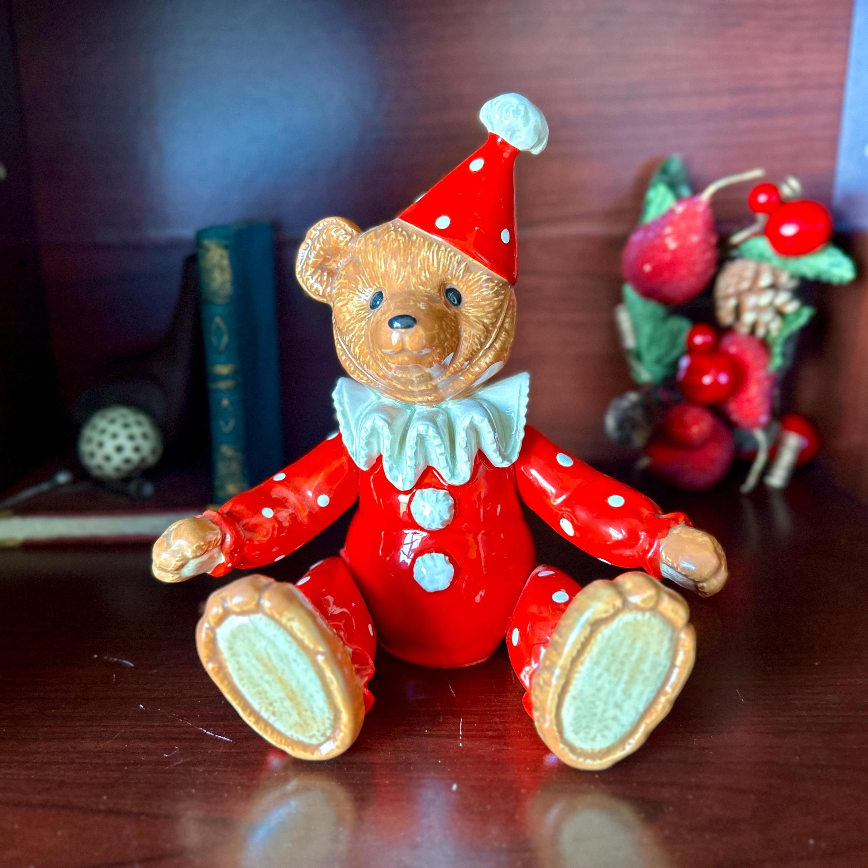 Vintage SCHMID Ceramic Clown Bear Music Box: Jointed Jester, 