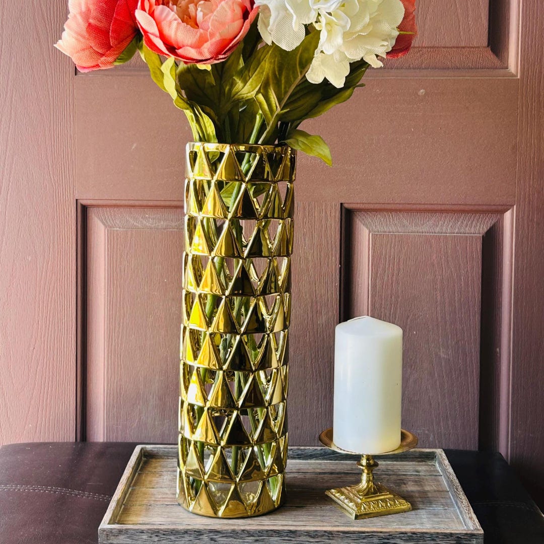 Geometric Pattern Vase Vintage Golden Ceramic Geometric Vase 15.5