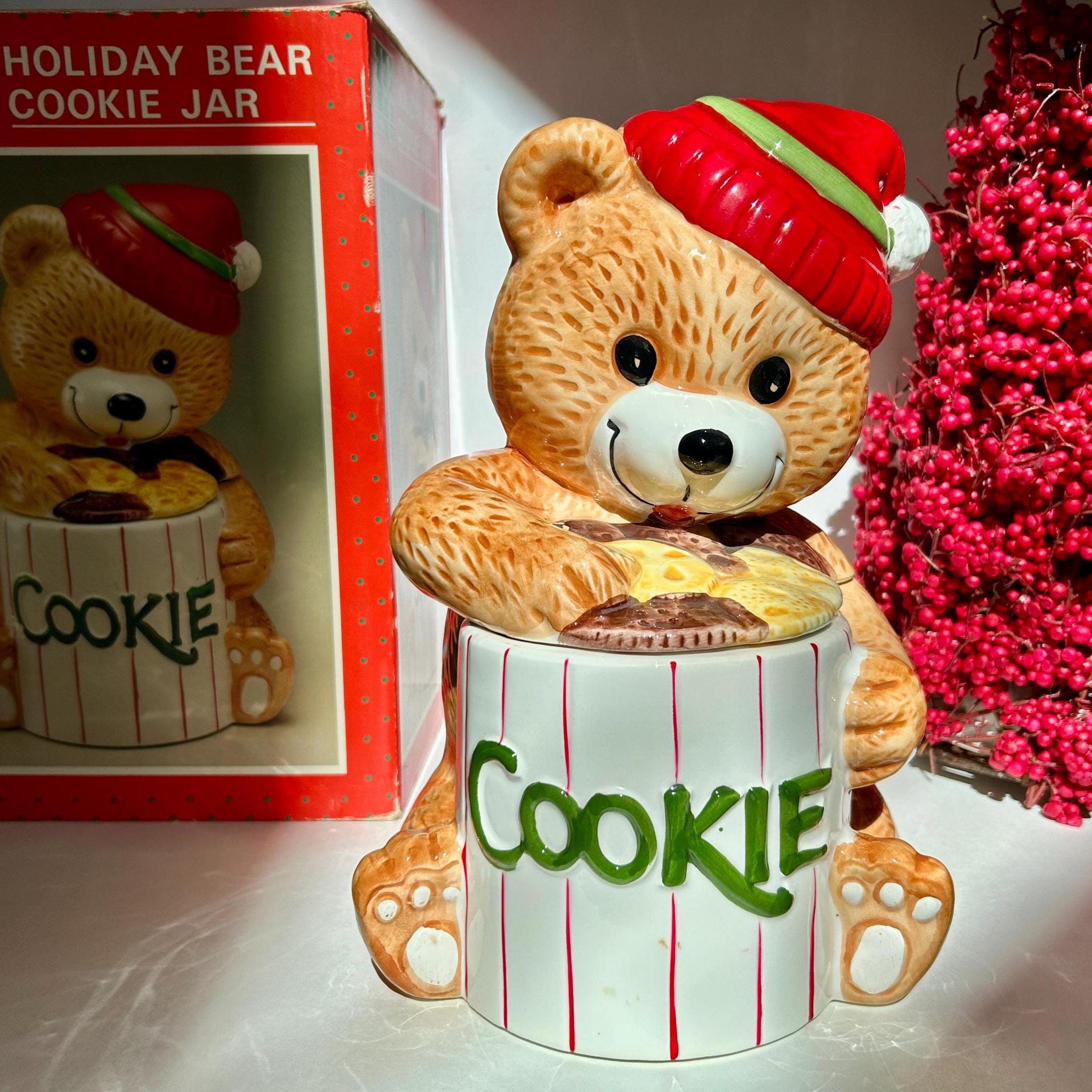 Vintage Hand Painted Holiday Bear Cookie Jar: 1980s Holiday Magic