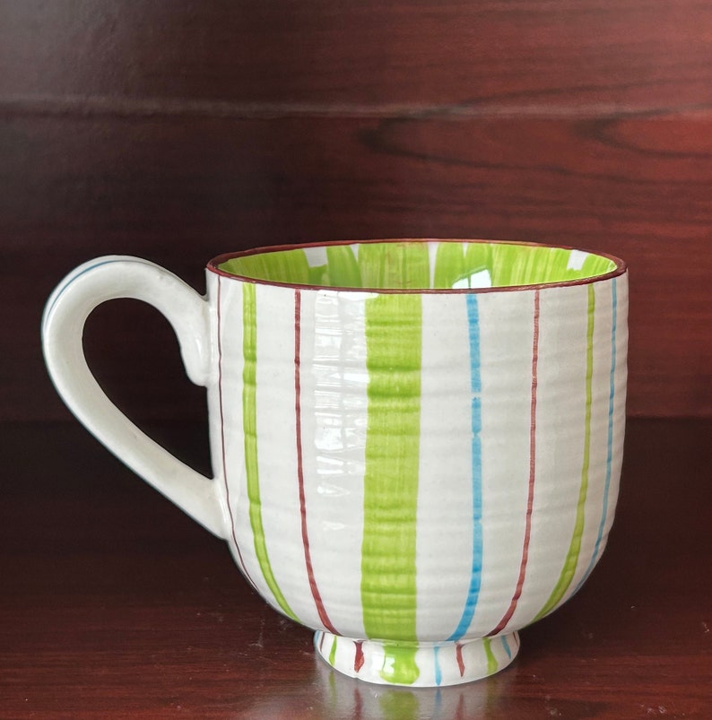 Anthropologie Footed Pedestal Coffee Mug Striped Outside Floral Inside 3 1/2" H 10 Oz bild 2