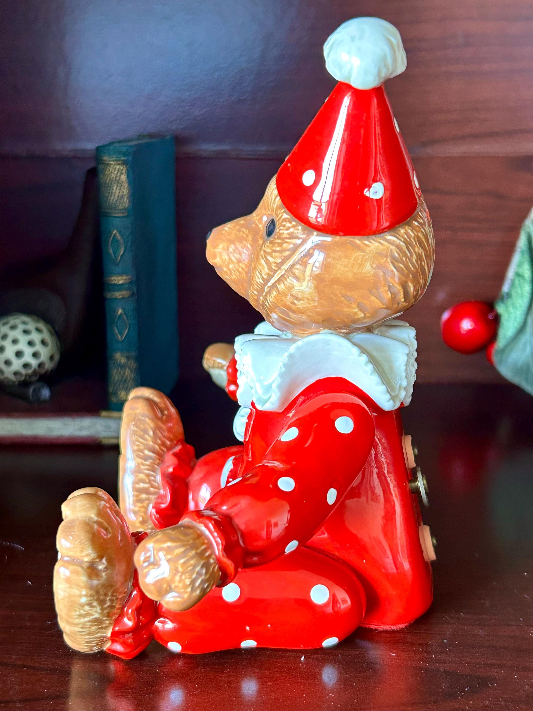 Vintage SCHMID Ceramic Clown Bear Music Box: Jointed Jester, 