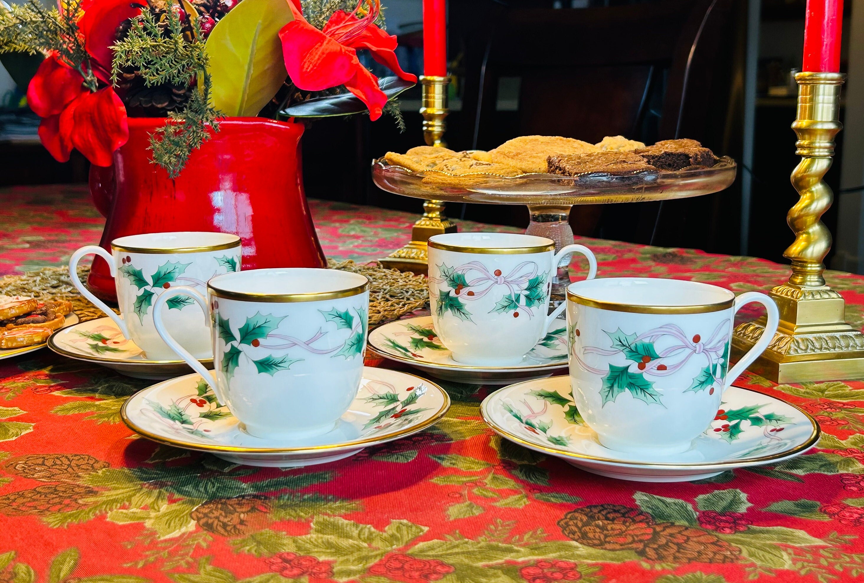 Vintage MIKASA Ribbon Holly Cup and Saucer Set: Bone China